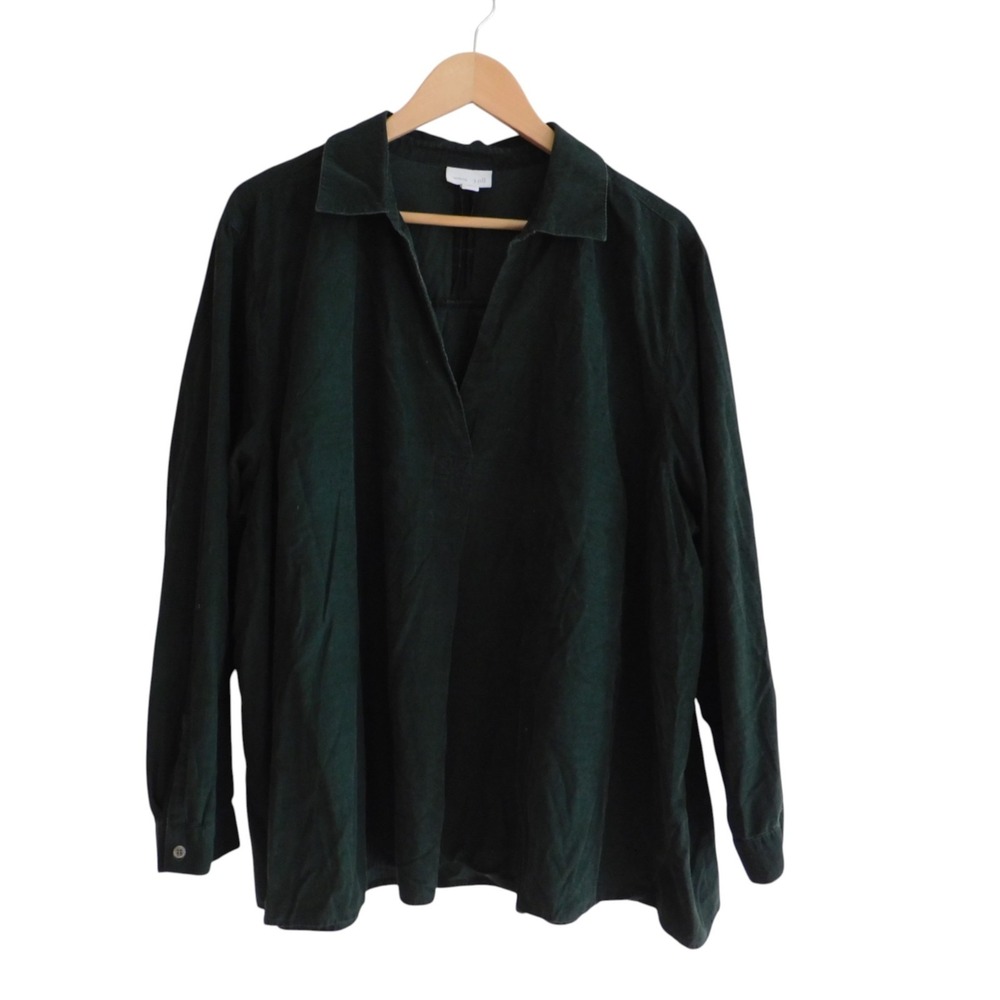 J Jill Womens Corduroy Popover Top Dark Green Collared Neck Shirt Blouse Sz 3X